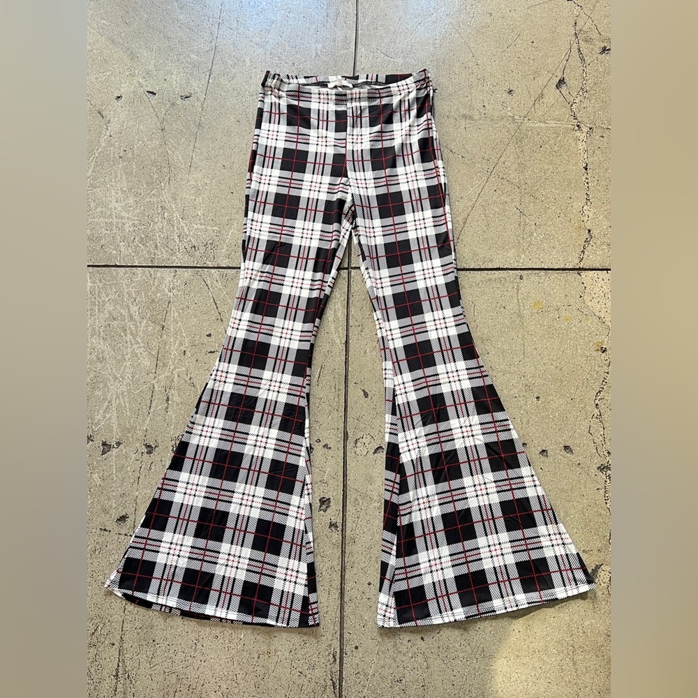 💚 2870. Black Plaid Print Flared Pants